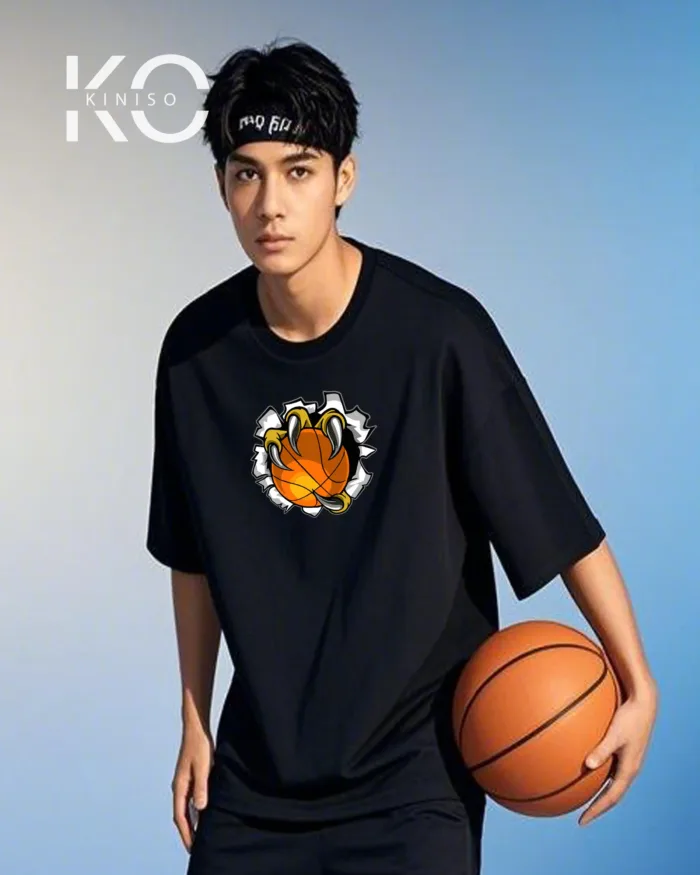 Image of black Color Drop Shoulder NBA Themed T-Shirt with Basketball in Claw Print For Basketball lovers in Bangladesh