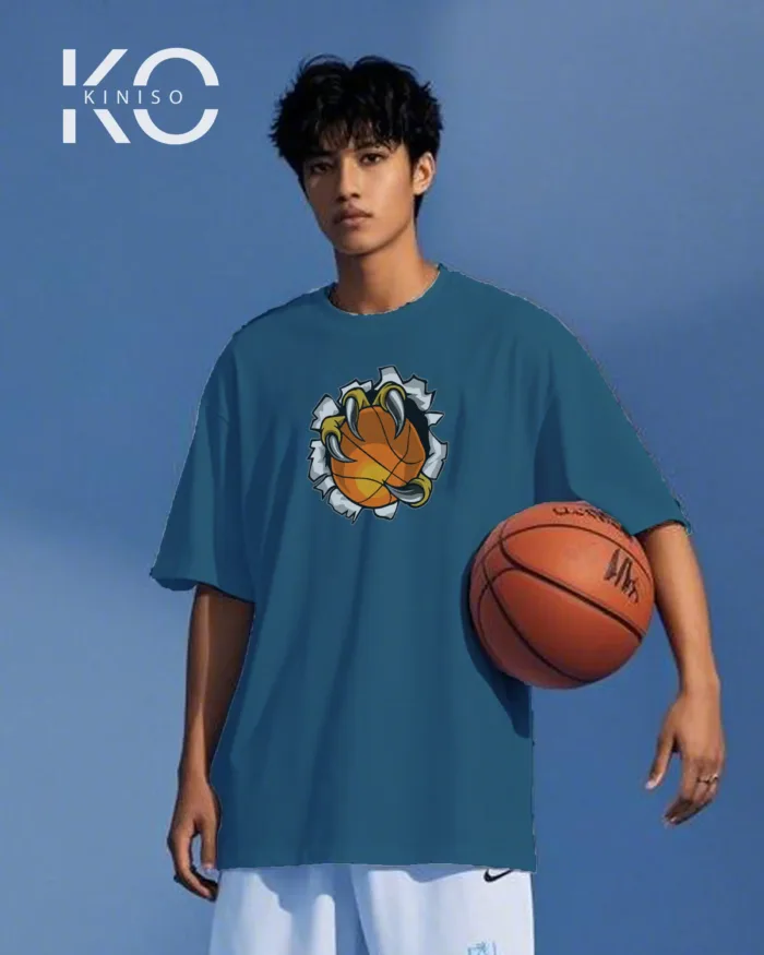 Image of Kiniso Glaucous Blue color drop shoulder NBA T-Shirts with Basketball in Claw Print for basketball fan at reasonable price