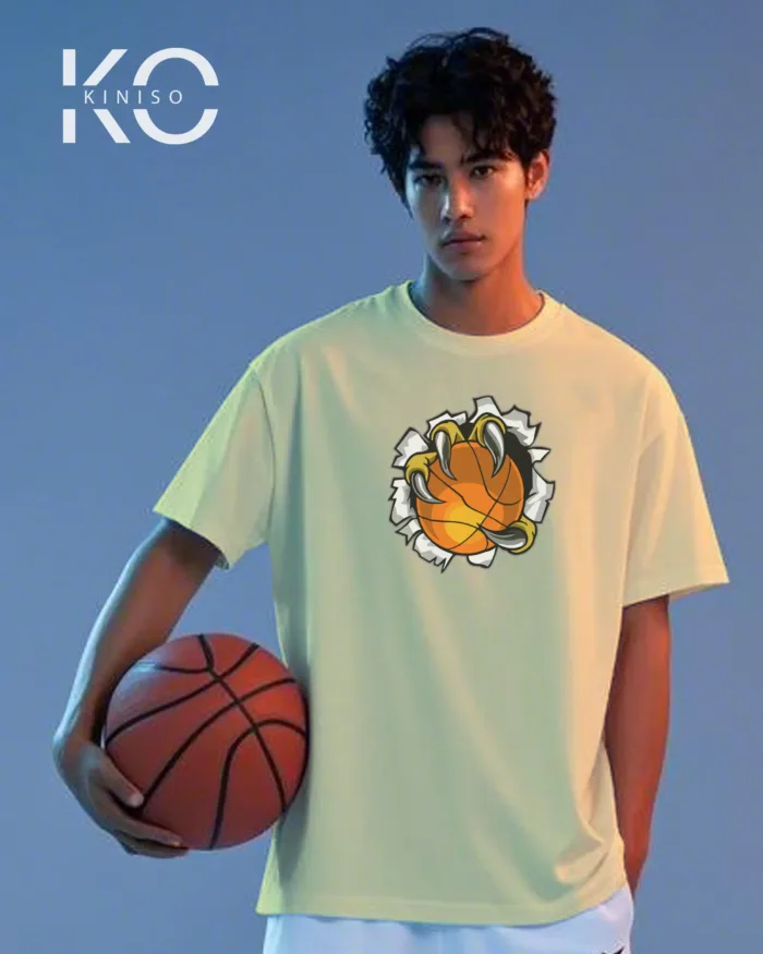 Image of Kiniso Off White color drop shoulder NBA T-Shirts with Basketball in Claw Print for basketball fan at reasonable price