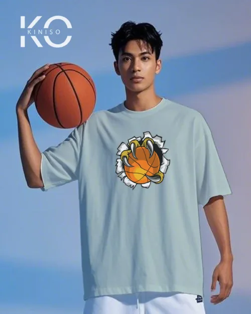 Image of Kiniso Periwinkle Blue color drop shoulder NBA T-Shirts with Basketball in Claw Print for basketball fan at reasonable price