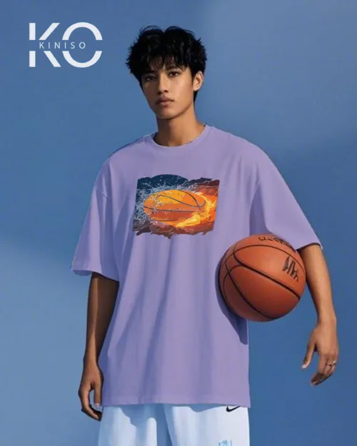 Image of Kiniso Light Purple color drop shoulder NBA T-Shirts with Basketball in Fire Print for basketball fan at reasonable price