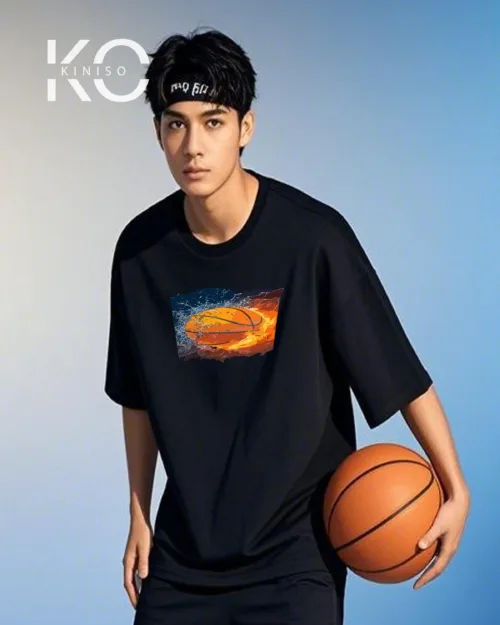 Image of Black Color Drop Shoulder NBA Themed T-Shirt with Basketball in Fire and Water Print For NBA lovers in Bangladesh