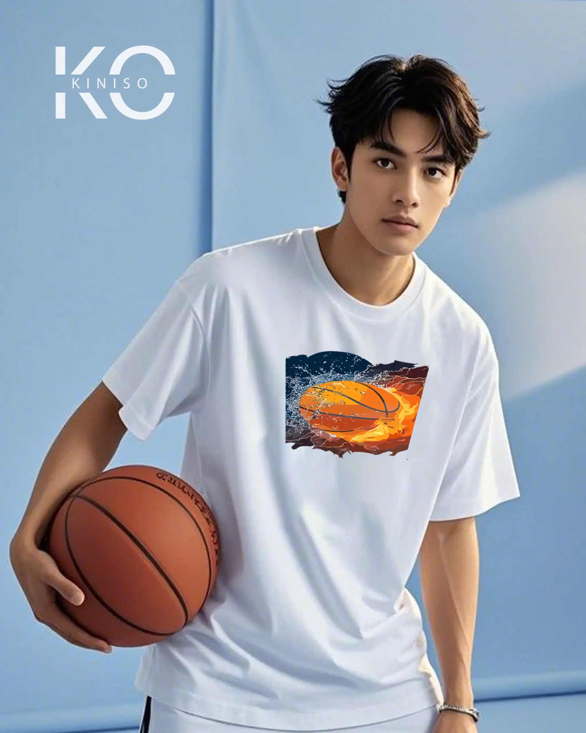 Image of white Color Drop Shoulder NBA Themed T-Shirt with Basketball in Fire and Water Print For NBA lovers in Bangladesh