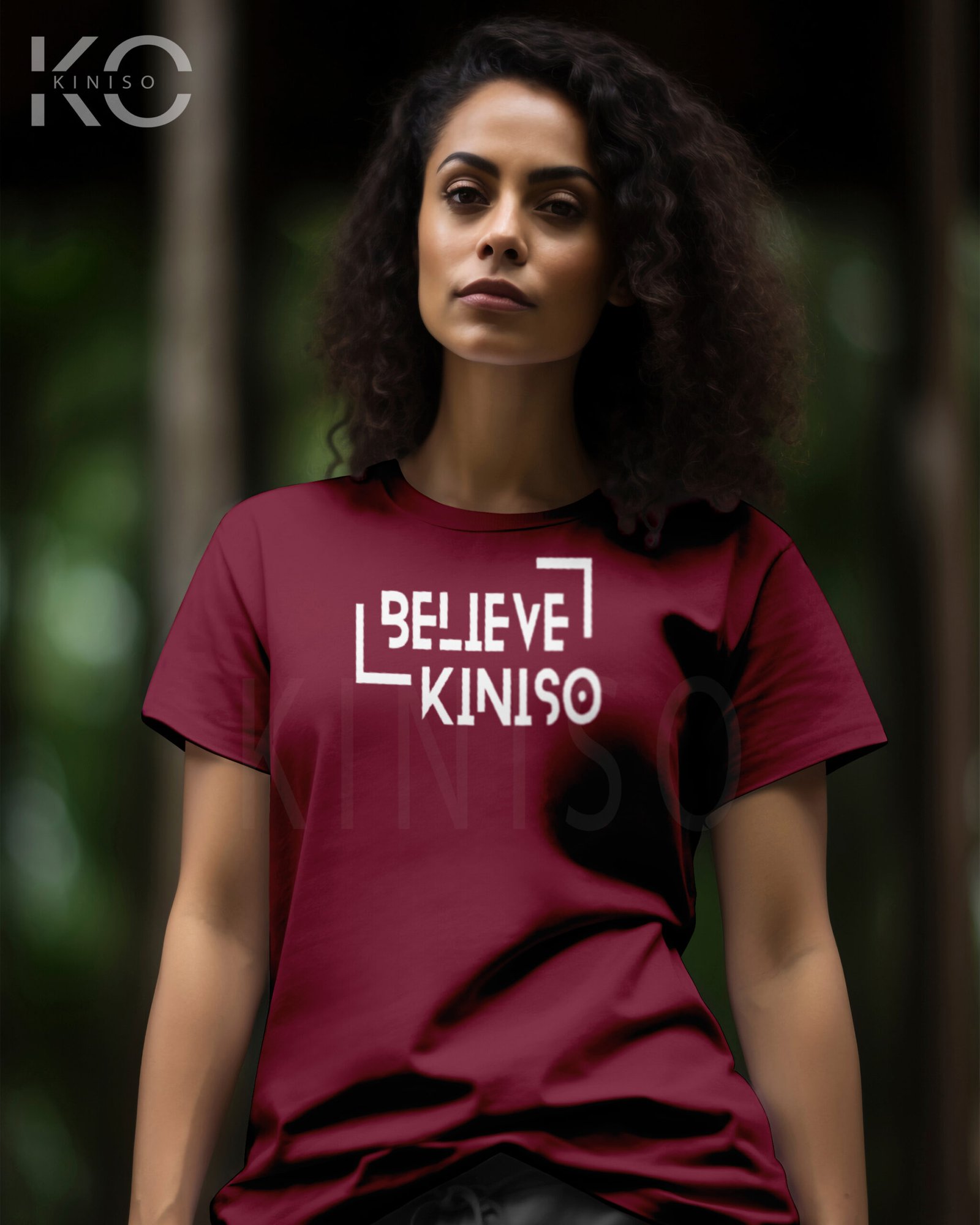 Image of Maroon color half sleeve designer t-shirt with Believe in Kiniso print for women at reasonable price