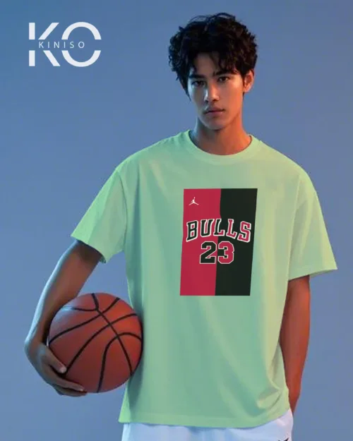 Image of Kiniso Pastel Mint color drop shoulder NBA T-Shirts with Bull 23 Print for basketball fan at reasonable price