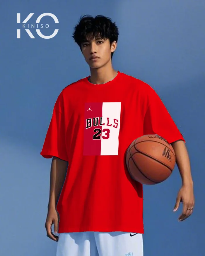 Image of Kiniso Red color drop shoulder NBA T-Shirts with Bulls 23 Print for basketball fan at reasonable price
