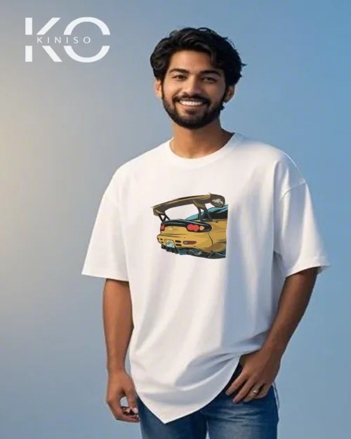 Image of Kiniso White Color Car Half Back Print Drop Shoulder T-Shirt for Car Lovers