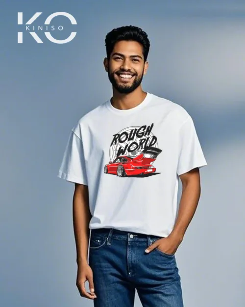 Image of Kiniso white Color Car Rough World Print Drop Shoulder T-Shirt for Car Lovers