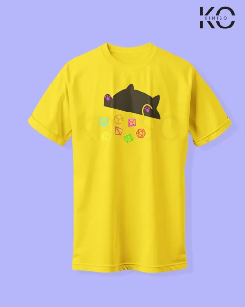 Image of yellow color cat lover t-shirt with Cat Playing with Shapes design at reasonable price