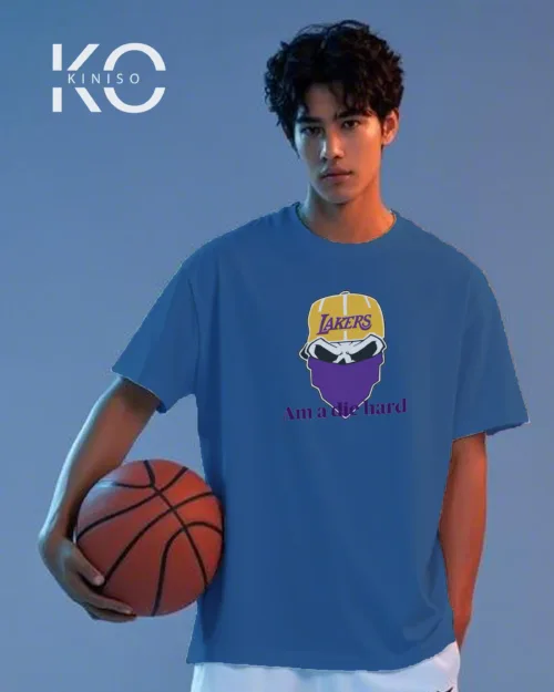 Image of Kiniso Glaucous Blue color drop shoulder NBA T-Shirts with Dai Hard Lakers Print for basketball fan at reasonable price