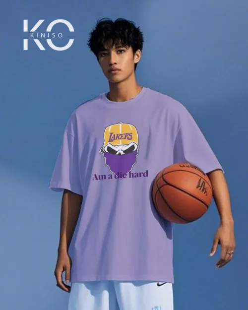 Image of Kiniso Light Purple color drop shoulder NBA T-Shirts with Dai Hard Lakers Print for basketball fan at reasonable price