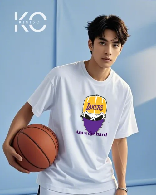 Image of White Color Drop Shoulder NBA Themed T-Shirt with Die Hard Lakers Print For Basketball lovers in Bangladesh