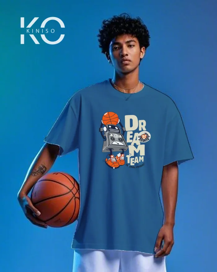 Image of Kiniso Glaucous Blue color drop shoulder NBA T-Shirts with Dream Team Print for basketball fan at reasonable price