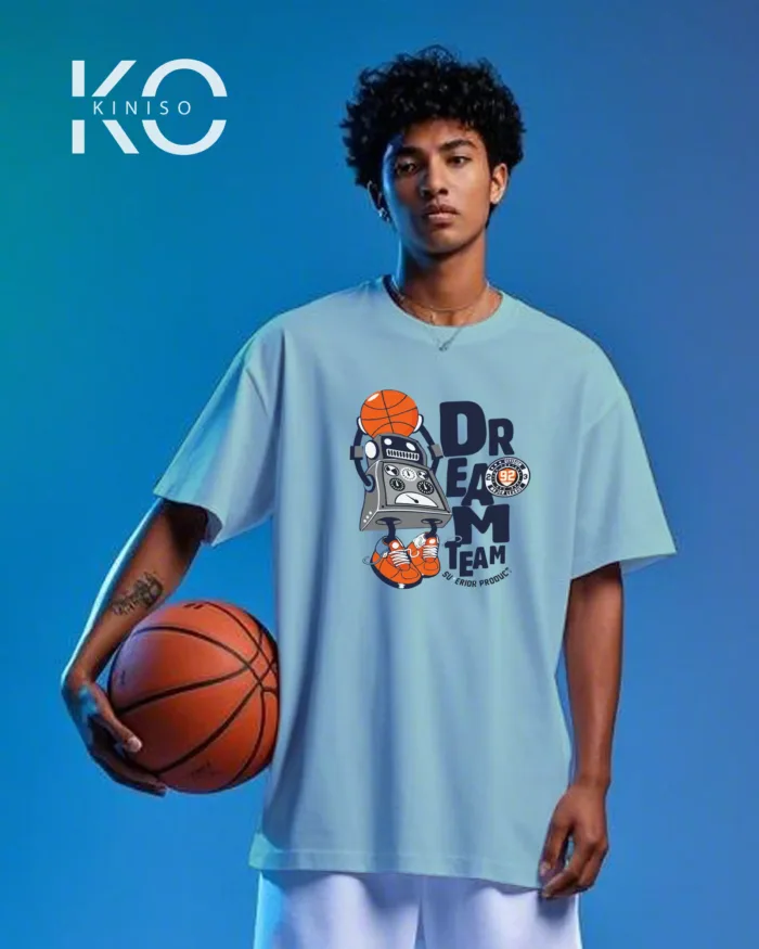 Image of Kiniso Periwinkle Blue color drop shoulder NBA T-Shirts with Dream Team Print for basketball fan at reasonable price