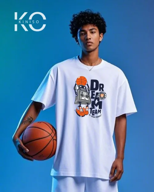 Image of White Color Drop Shoulder NBA Themed T-Shirt with Dream Team Print For Basketball lovers in Bangladesh