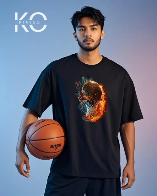 Image of Black Color Drop Shoulder NBA Themed T-Shirt with Fire Water Basketball Print For Basketball lovers in Bangladesh