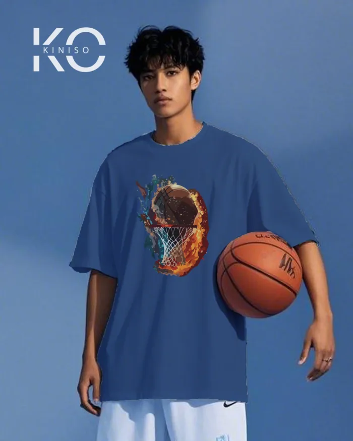 Image of Kiniso Glaucous Blue color drop shoulder NBA T-Shirts with Fire Water Basketball Print for basketball fan at reasonable price