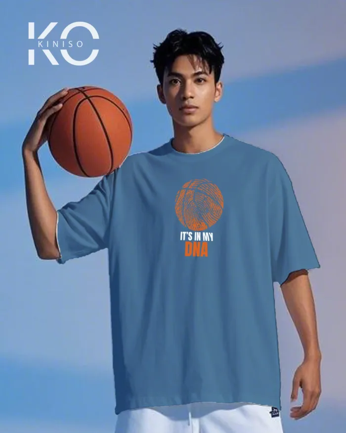 Image of Kiniso Glaucous Blue color drop shoulder NBA T-Shirts with Basketball in My DNA Print for basketball fan at reasonable price