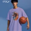 Image of Kiniso Light Purple color drop shoulder NBA T-Shirts with Fire Water Basketball Print for basketball fan at reasonable price