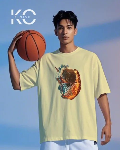 Image of Kiniso Off White color drop shoulder NBA T-Shirts with Fire Water Basketball Print for basketball fan at reasonable price