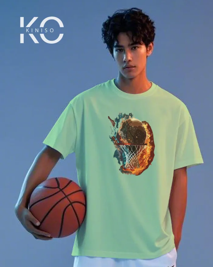 Image of Kiniso Pastal Mint color drop shoulder NBA T-Shirts with Fire Water Basketball Print for basketball fan at reasonable price