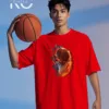Image of Kiniso Red color drop shoulder NBA T-Shirts with Fire Water Basketball Print for basketball fan at reasonable price
