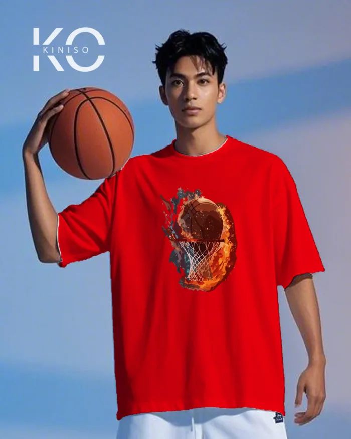 Image of Kiniso Red color drop shoulder NBA T-Shirts with Fire Water Basketball Print for basketball fan at reasonable price