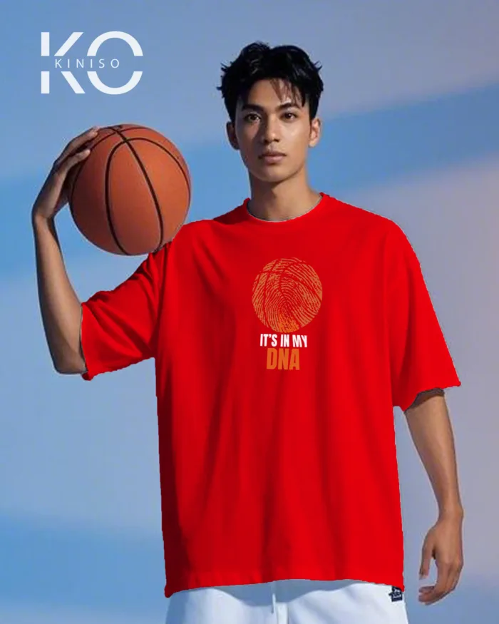 Image of Kiniso Red color drop shoulder NBA T-Shirts with Basketball in My DNA Print for basketball fan at reasonable price
