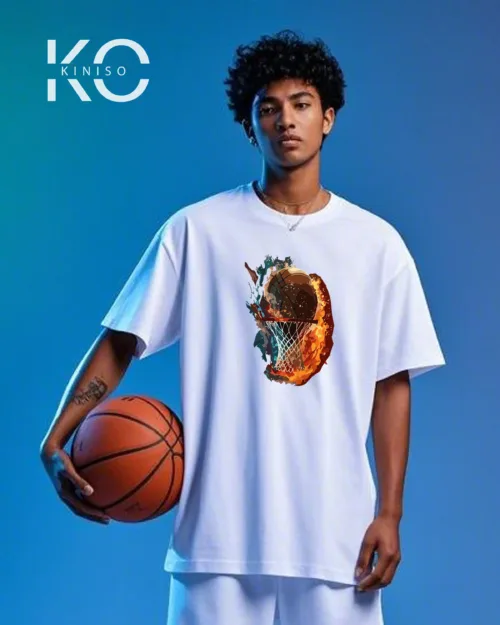 Image of White Color Drop Shoulder NBA Themed T-Shirt with Fire Water Basketball Print For Basketball lovers in Bangladesh