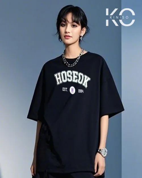 Image of Hoseok EST 1994 It Printed Black color drop shoulder t-shirt for k-pop fan girls in Bangladesh by Kiniso