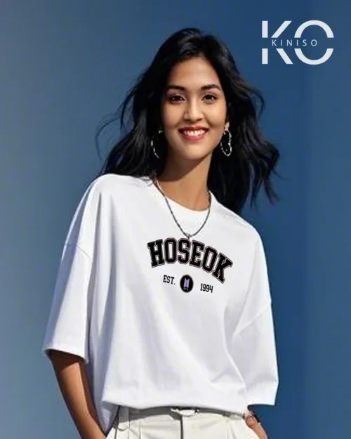 Image of Hoseok EST 1994 It Printed White color drop shoulder t-shirt for k-pop fan girls in Bangladesh by Kiniso