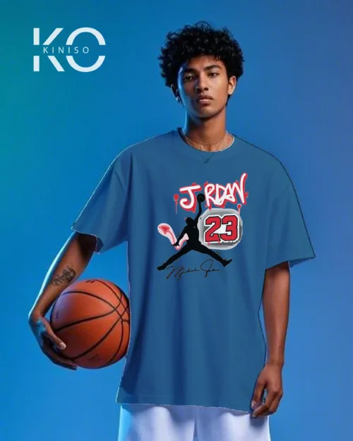 Image of Kiniso Glaucous Blue color drop shoulder NBA T-Shirts with Jordan 23 Signature Print for basketball fan at reasonable price