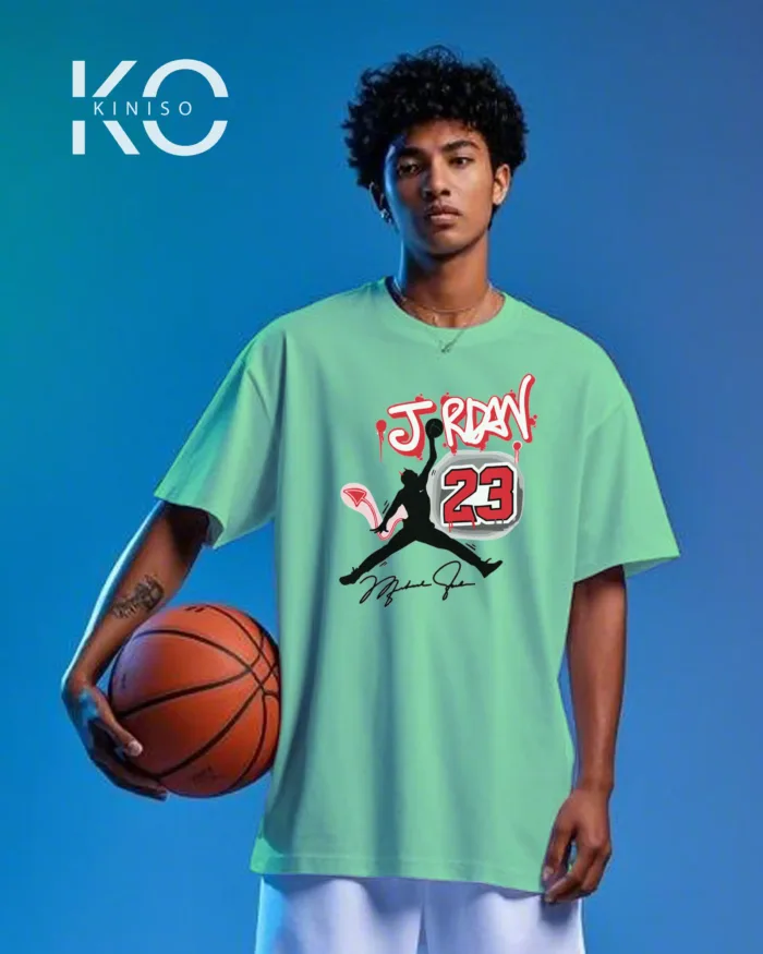 Image of Kiniso Pastal Mint color drop shoulder NBA T-Shirts with Jordan 23 Signature Print for basketball fan at reasonable price
