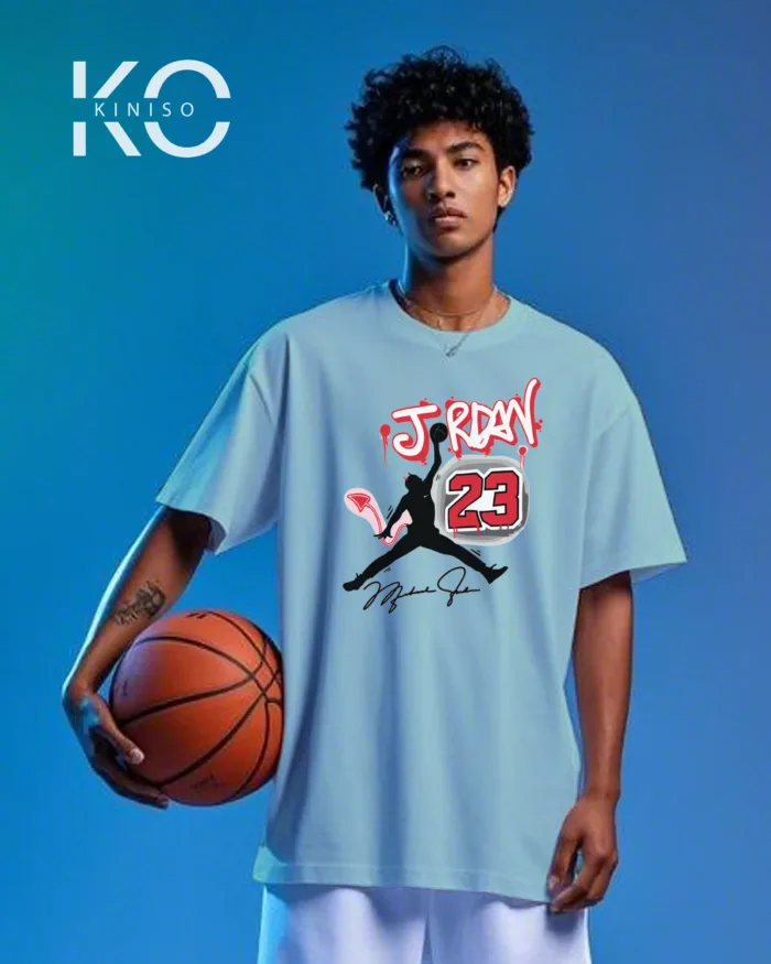 Image of Kiniso Periwinkle Blue color drop shoulder NBA T-Shirts with Jordan 23 Signature Print for basketball fan at reasonable price