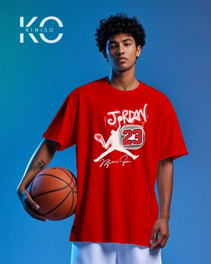 Image of Kiniso Red color drop shoulder NBA T-Shirts with Jordan 23 Signature Print for basketball fan at reasonable price