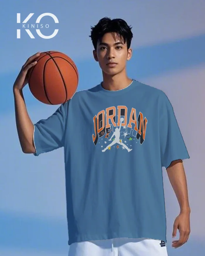 Image of Kiniso Glaucous Blue color drop shoulder NBA T-Shirts with Jordan Stars Print for basketball fan at reasonable price