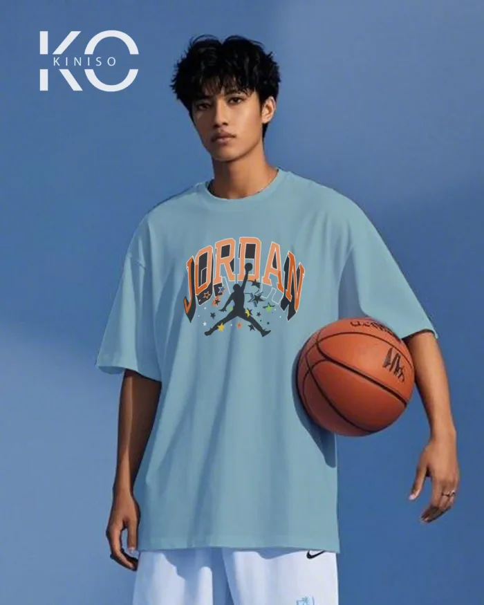 Image of Kiniso Periwinkle Blue color drop shoulder NBA T-Shirts with Jordan Stars Print for basketball fan at reasonable price