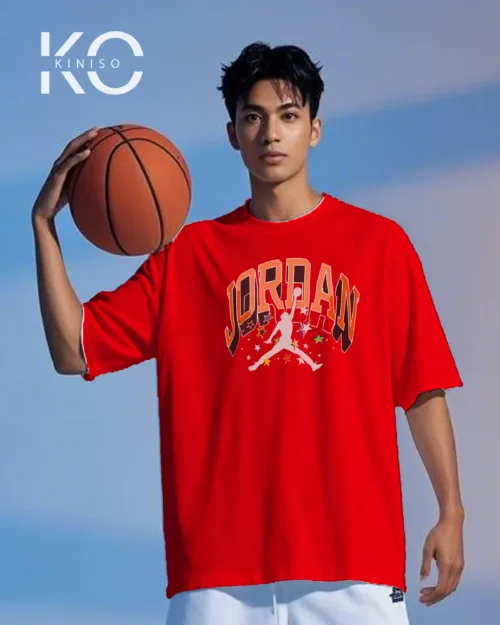 Image of Kiniso Red color drop shoulder NBA T-Shirts with Jordan Stars Print for basketball fan at reasonable price