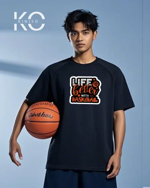 Image of Black Color Drop Shoulder NBA Themed T-Shirt with Life is Better with Basketball Print For Basketball lovers in Bangladesh