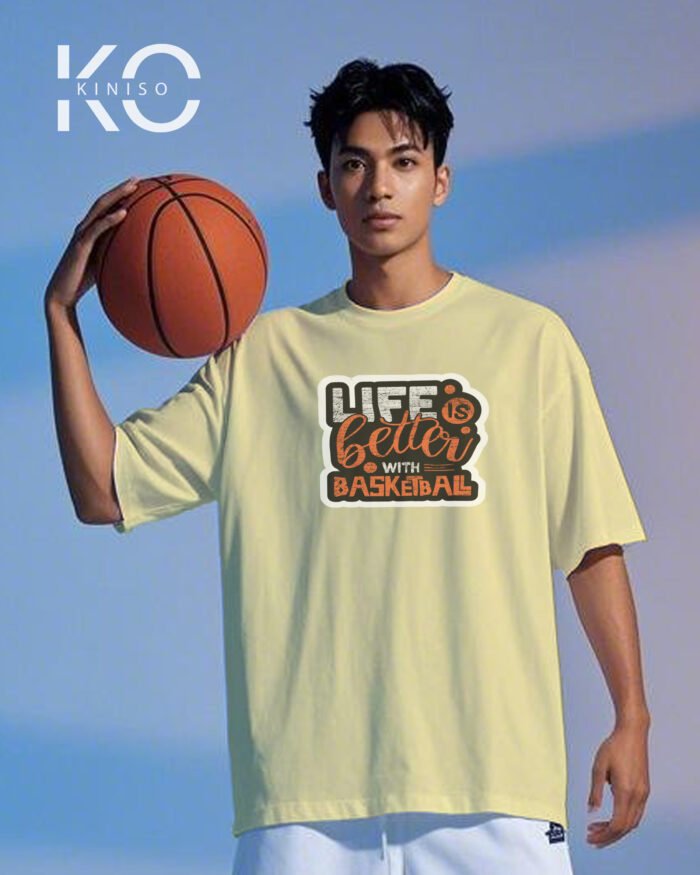 Image of Kiniso Off White color drop shoulder NBA T-Shirts with Life is Better with Basketball Print for basketball fan at reasonable price