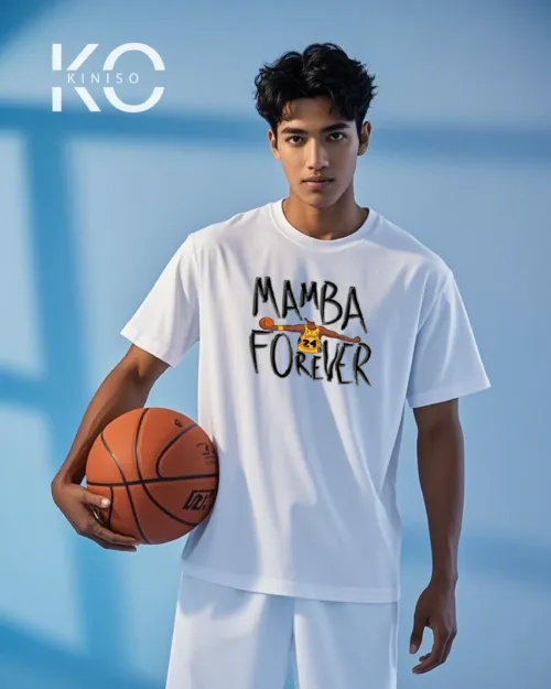 Image of White Color Drop Shoulder NBA Themed T-Shirt with Mamba Forever Print For Basketball lovers in Bangladesh