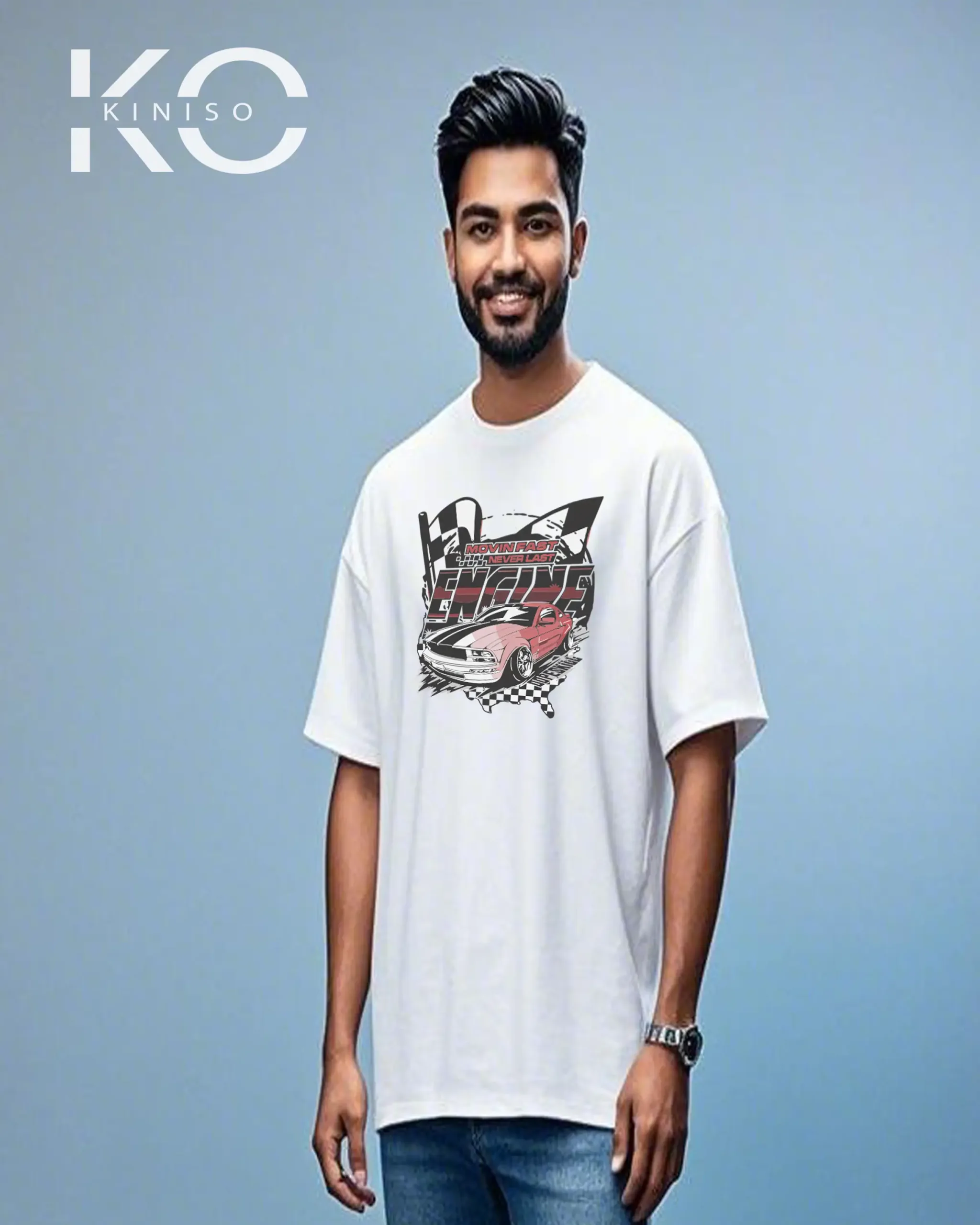 Image of Kiniso white Color Movin Faes Engine Print Drop Shoulder T-Shirt for Car Lovers