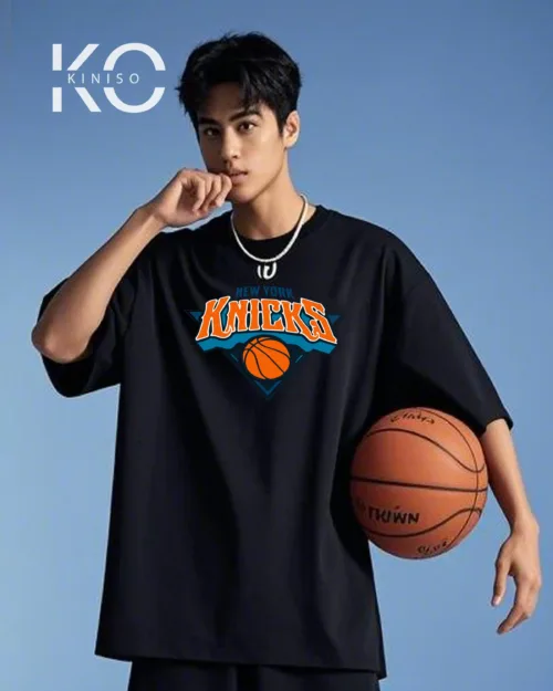 Image of Black Color Drop Shoulder NBA Themed T-Shirt with New Work Knicks Basketball Print For Basketball lovers in Bangladesh