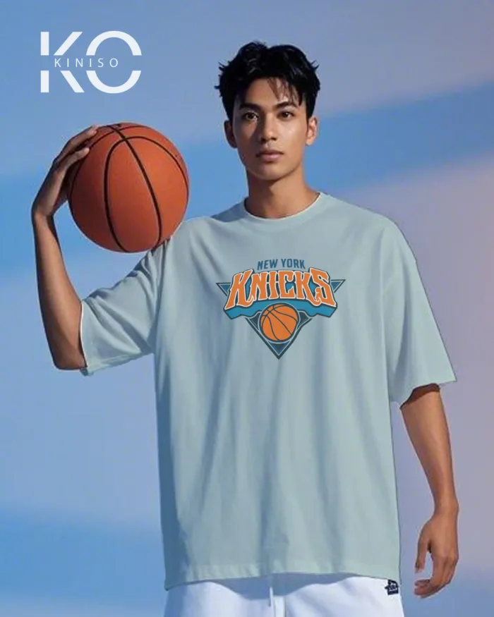 Image of Kiniso Periwinkle Blue color drop shoulder NBA T-Shirts with New Work Knicks Basketball Print for basketball fan at reasonable price