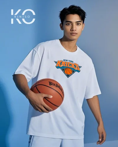 Image of White Color Drop Shoulder NBA Themed T-Shirt with New Work Knicks Basketball Print For Basketball lovers in Bangladesh