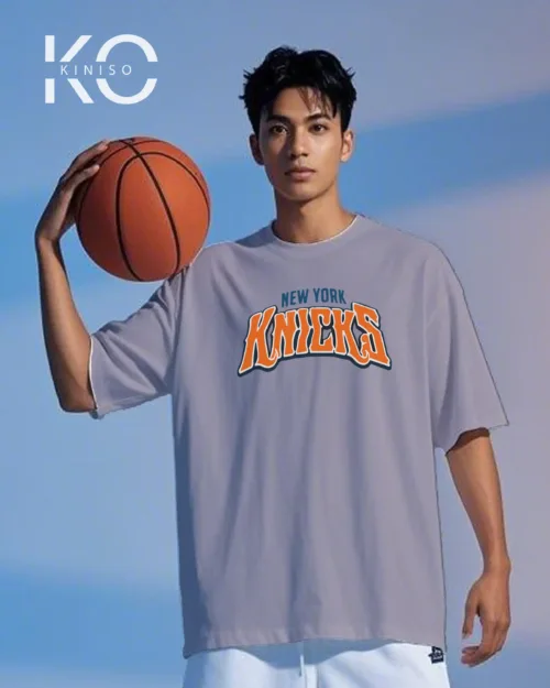 Image of Kiniso Light Purple color drop shoulder NBA T-Shirts with New Work Knicks Print for basketball fan at reasonable price