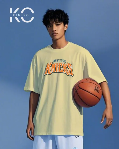 Image of Kiniso Off White color drop shoulder NBA T-Shirts with New Work Knicks Print for basketball fan at reasonable price