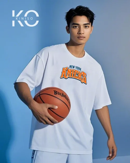 Image of White Color Drop Shoulder NBA Themed T-Shirt with New Work Knicks Print For Basketball lovers in Bangladesh