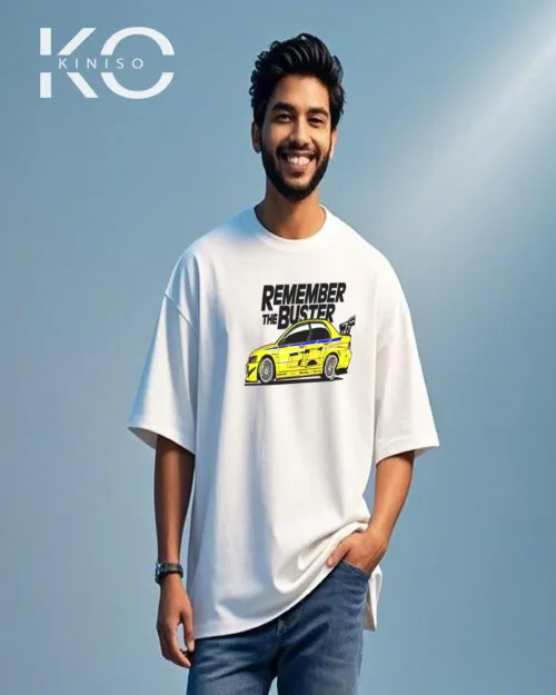 Image of Kiniso White Color Remember The Buster Print Drop Shoulder T-Shirt for Car Lovers