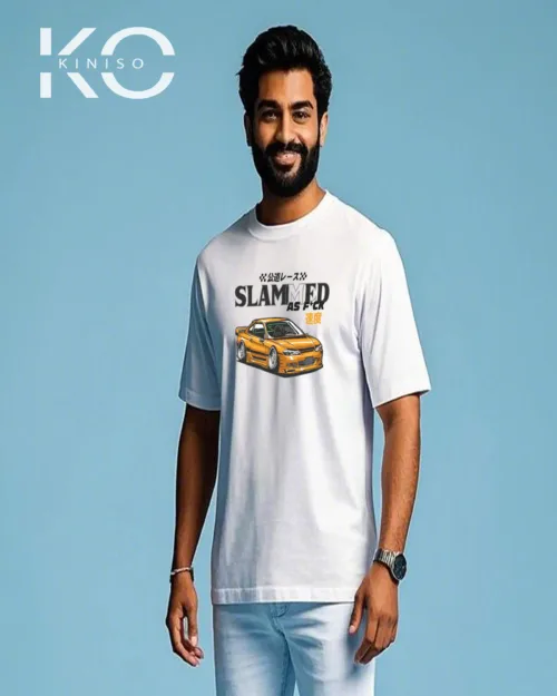 Image of Kiniso White Color Car Slamed Print Drop Shoulder T-Shirt for Car Lovers